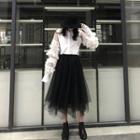 Mesh Ruffled-trim Shirt / A-line Skirt