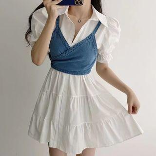 Set: Puff-sleeve Tiered Mini Shirt Dress + Denim Camisole Top