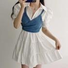 Set: Puff-sleeve Tiered Mini Shirt Dress + Denim Camisole Top