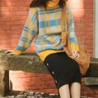 Turtleneck Plaid Sweater / A-line Midi Skirt / Set