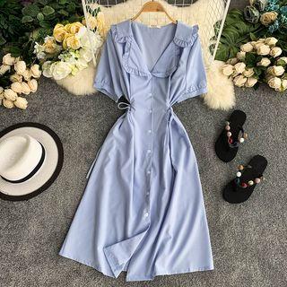 Ruffle Trim Short-sleeve Midi Shirt Dress