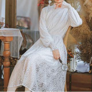 Mock Neck Midi A-line Lace Dress