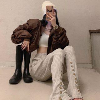 Cropped Baseball Jacket / Buttoned Elastic Band Pants