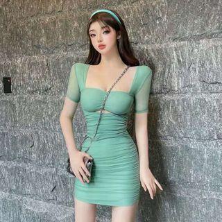 Square-neck Shirred Mini Bodycon Dress Green - One Size