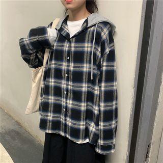 Plaid Long-sleeve Loose-fit Hooded Shirt