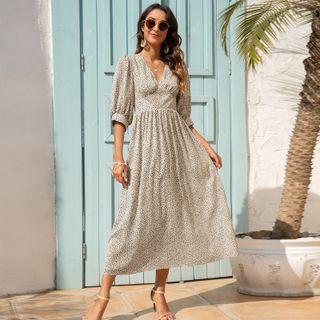 Leopard Print V-neck Elbow-sleeve Maxi A-line Dress