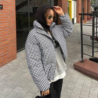High-neck Gingham Puffer Jacket Black - One Size