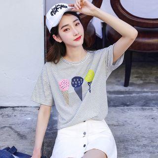 Ice Cream Print Striped Short Sleeve T-shirt