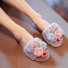 Flower-applique Furry Slide Sandals