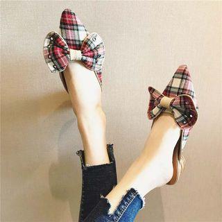 Plaid Bow Pointy-toe Slide Pumps