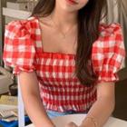 Puff-sleeve Gingham Top Red - One Size