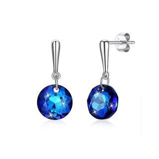 925 Sterling Silver Fashion Simple Blue Austrian Element Crystal Round Earrings Silver - One Size