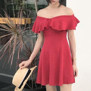 Off Shoulder Cap Sleeve Ruffle Dress
