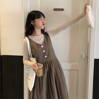Plain Long-sleeve T-shirt / Buttoned Midi Pinafore Dress
