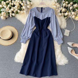 Long-sleeve Checked Panel Midi A-line Dress