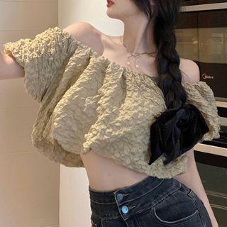 Short-sleeve Bow Accent Blouse Coffee - One Size
