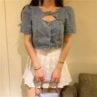 Cropped Cutout Puff-sleeve Denim Blouse As Shown In Figure - One Size
