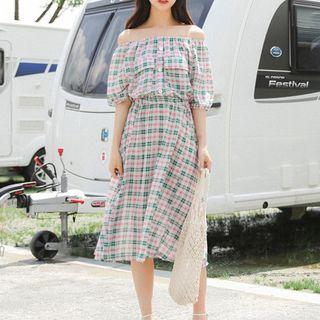 Plaid Short-sleeve Off-shoulder A-line Dress