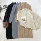 Plain Zip Mock-neck Long-sleeve Rib Knit Dress