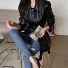 Single-button Faux Leather Jacket With Sash