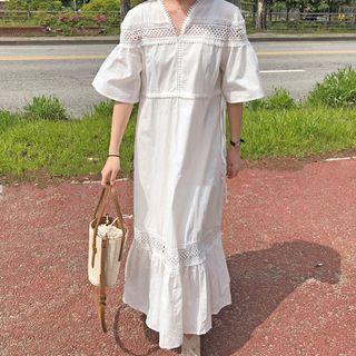 Bell-sleeve V-neck Maxi A-line Dress White - One Size