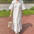 Bell-sleeve V-neck Maxi A-line Dress White - One Size