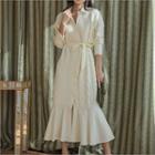 Cable-knit Panel Ruffle-hem Maxi Shirtdress With Sash