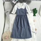 Mock Two-piece Short-sleeve A-line Dress Blue - One Size