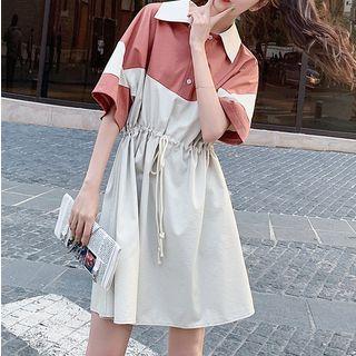 Two Tone Short-sleeve Drawstring A-line Polo Dress