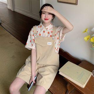 Short-sleeve Heart Print Shirt / Wide Leg Dungaree Shorts