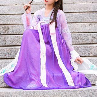 Hanfu Set: Long-sleeve Embroidered Top + Maxi Dress + Scarf