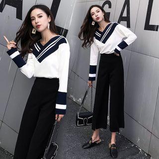 Set: V-neck Blouse + Wide Leg Pants