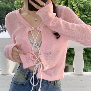Lace-up Cardigan Pink - One Size