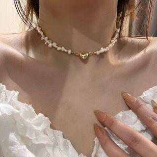 Heart Freshwater Pearl Alloy Choker White & Gold - One Size