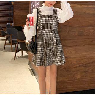 Frilled Trim Mesh Panel Top / Plaid Buttoned Pinafore Dress
