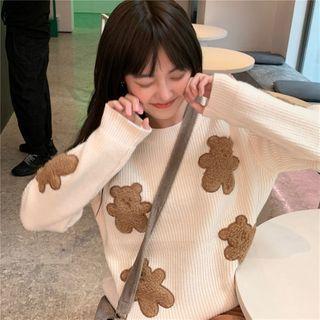 Long-sleeve Bear Embroidered Knit Sweater White - One Size