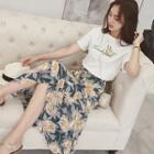 Set: Embroidered Short-sleeve T-shirt + Printed A-line Skirt