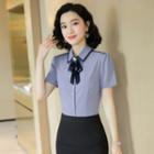Tie-neck Short-sleeve Shirt / Mini Pencil Skirt / Set