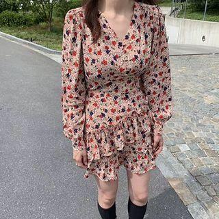Floral V-neck Slim-fit High-waist Lettuce Edge Long-sleeve Dress