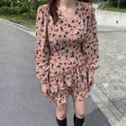 Floral V-neck Slim-fit High-waist Lettuce Edge Long-sleeve Dress