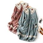 Long-sleeve Floral Lace Trim Midi Shirt Dress