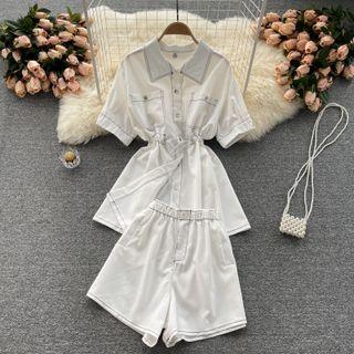 Set Of 2 : Lapel Short-sleeve Drawstring Top + High-waist Wide-leg Shorts