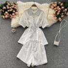 Set Of 2 : Lapel Short-sleeve Drawstring Top + High-waist Wide-leg Shorts