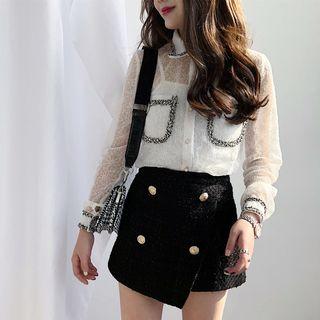 Set : Long-sleeve Lace Blouse + Spaghetti Strap Top