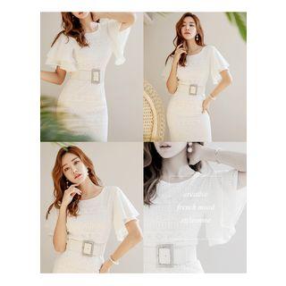Flutter-sleeve Lace Long Sheath Dress