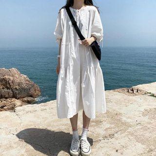 Lace Trim Drawstring Short-sleeve Midi Shift Dress