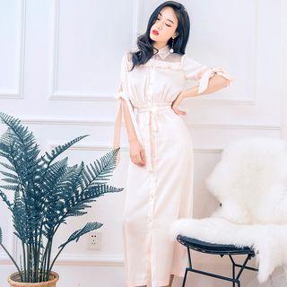 Mesh Panel Midi Short-sleeve Shirt Dress