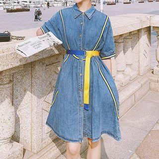 Color Block Short-sleeve Single-breasted Denim Dress With Belt