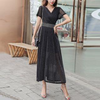 V-neck Mesh Midi Dress