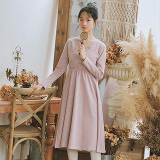 Plaid Long-sleeve V-neck A-line Dress
